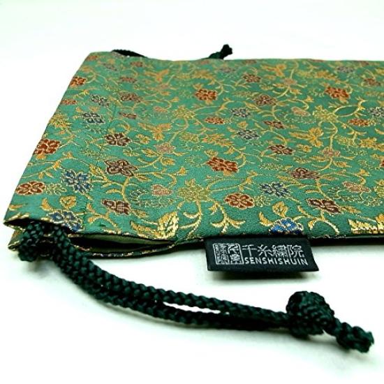 Senshishuin Nishijin Brocade Drawstring Bag Chinese Flowers and Large Size (Lined) - Grass/Green,