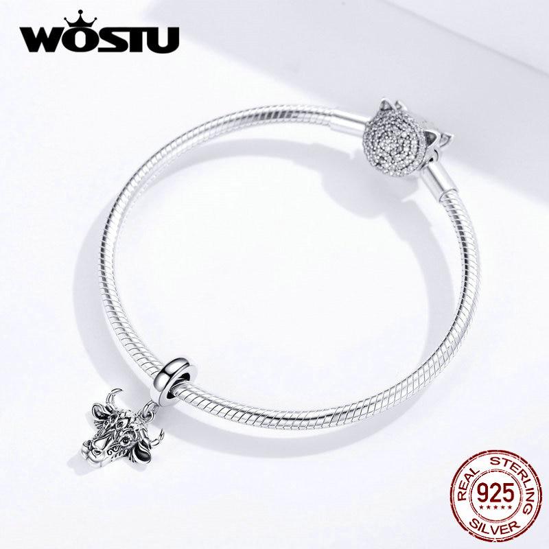 WOSTU 100% 925 Sterling Silver Tauren Cow Animal Charms Fit Original Bracelet Pendant For Women