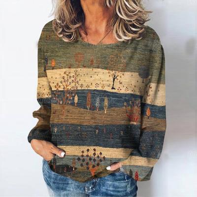 Damen T-Shirts Naturlandschaftsdruck Langarm T-Shirt Herbst Lässige Damen Kleidung Täglich Lose Vintage Streetwear Pullover