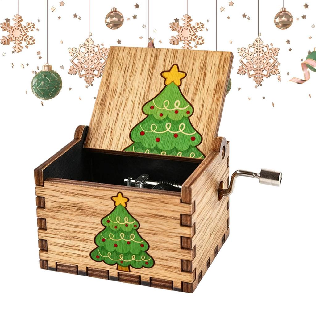 Christmas Music Box Wood Hand Crank Music Box Decoration Holiday Musical Box Ornament Christmas Tree Themed Handicrafts