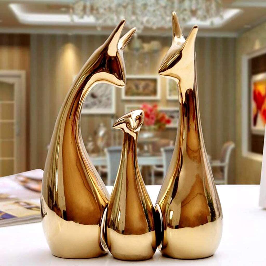 Home Decor Lucky Deer Statue Family Piano Finish Ceramic Figures - (Set of 3, Golden Set)