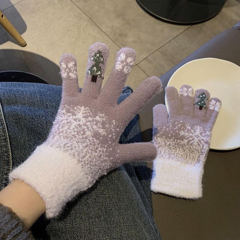 Cute Christmas red dew finger plush knitted five-finger women's plush thick cold-proof riding