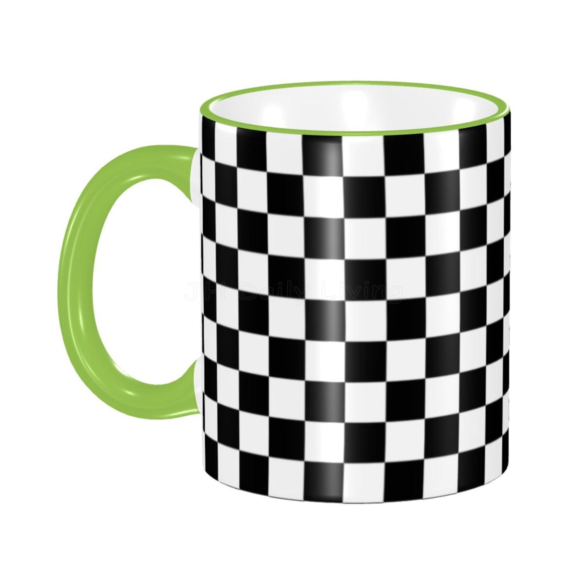 Tasses à café à motif à carreaux de course noir et blanc 11 oz tasse en céramique blanche tasse à café thé lait eau cadeau d'anniversaire créatif 301-400ml