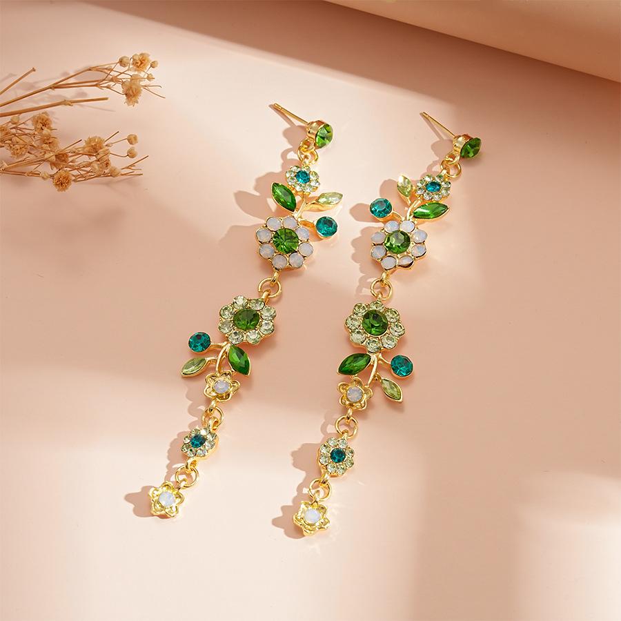 Retro diamond-encrusted branches and leaves flower long silver needle earrings niche super fairy sweet earrings