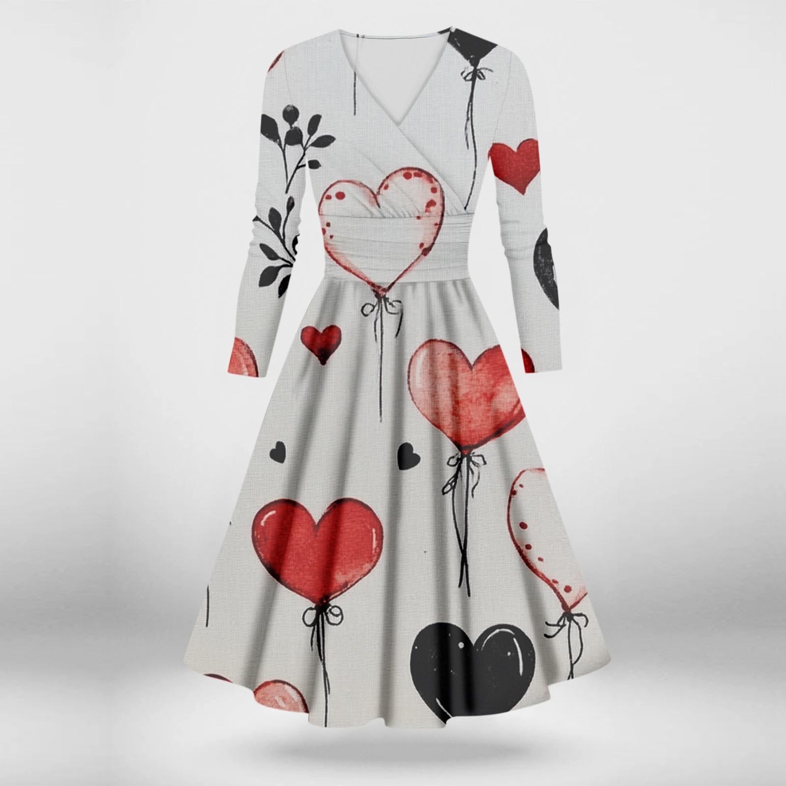 

Женское модное повседневное платье с принтом ко Дню святого Валентина, длинными рукавами и V-образным вырезом, сексуальное платье XXXXL