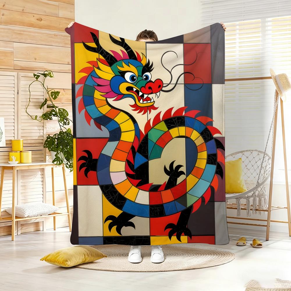 Art Illustration M-Mondrian Loong Throw Lightweight Flannel Blanket Soft Skin-Friendly For Summer Cooling