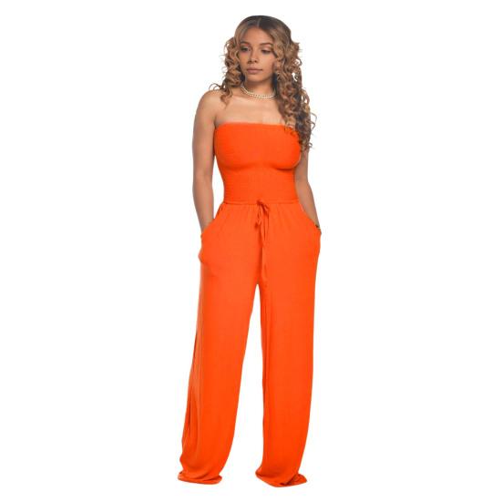 Sommer-Overall für Damen, schulterfrei, elastische Büste, weites Bein, einfarbig, Kordelzug, plissiert, Seitentaschen, schulterfrei, rückenfrei, Bandeau, langer Overall