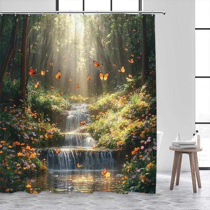 Forest Butterfly Shower Curtains Flowers Green Plants Butterflies Nature Waterfall Bath Curtain Fabric Bathroom Decor with Hooks