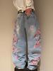 Jeans Dritti Unisex Retro Ricamati con Fiori di Ciliegio Gotici