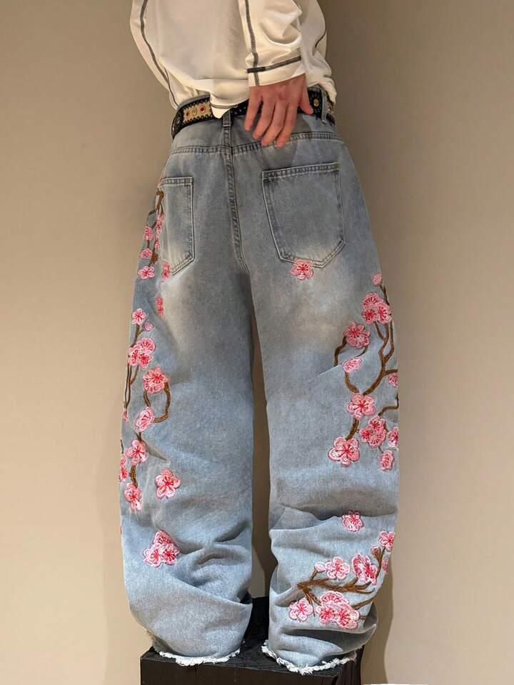 Jeans Dritti Unisex Retro Ricamati con Fiori di Ciliegio Gotici