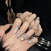 10 Pcs Handmade Long French Cat Eye Rhinestone Press On Nails Full Cover Ballet Fake Nail Tips Manicure Art