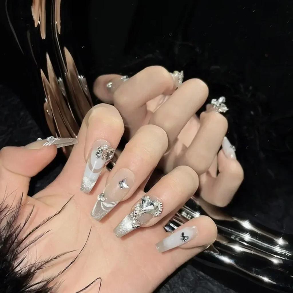 10 Pcs Handmade Long French Cat Eye Rhinestone Press On Nails Full Cover Ballet Fake Nail Tips Manicure Art