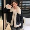 Thickened and thickened short cotton clothes plush denim jacket autumn and winter new fried street lamb splicing top