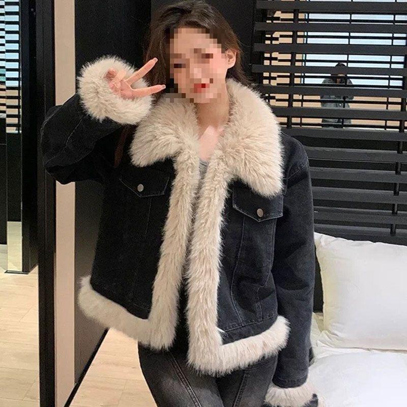 Thickened and thickened short cotton clothes plush denim jacket autumn and winter new fried street lamb splicing top