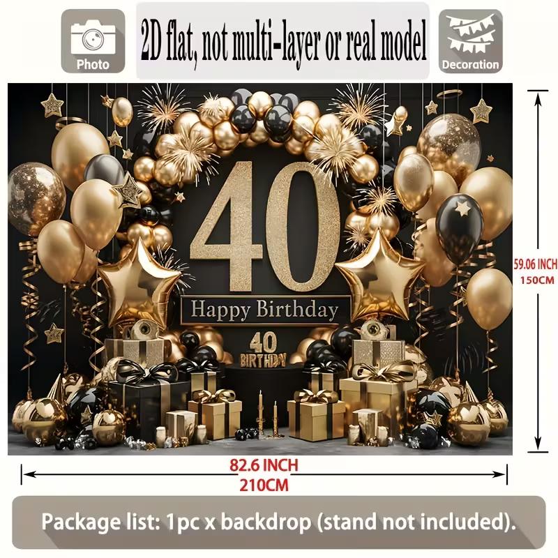 2D 40th Birthday Backdrop Black Gold Glitter - 40 Years Old Party Photography Background