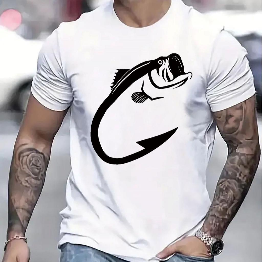 Bass Fishing Hook Graphic Men's Cotton Round Neck T-Shirt Casual Street Style Summer Tee