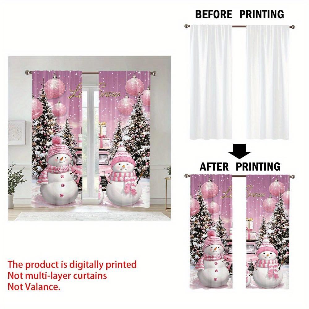 Pink Snowmen Truck Door Curtains 2Pcs,Winter Scene Snowflake Ball Semi-Transparent  For Bedroom Living Room Decor