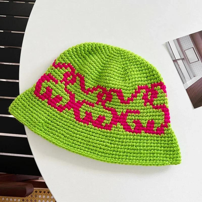 Korean Autumn Winter Retro Crochet Knitted Wool Bucket Hat Women Ins Hand-woven Basin Hat Winter Bucket Hat Men