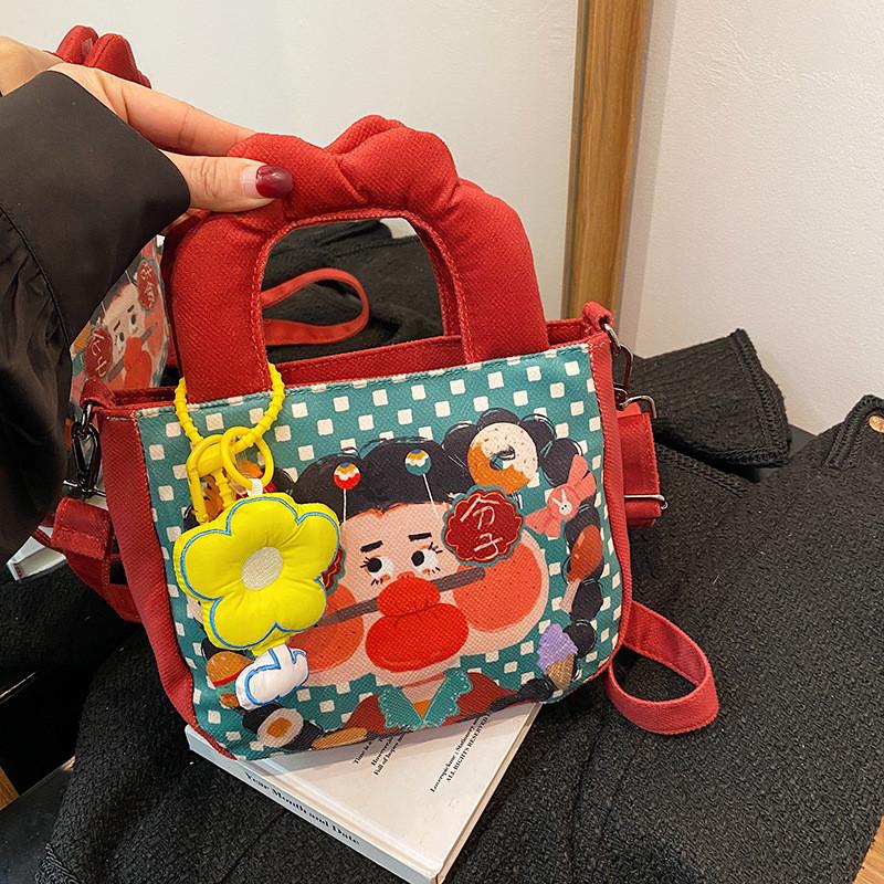 Illustration Fashionable Cute Canvas Handbag For Girls Lightweight And Versatile School For