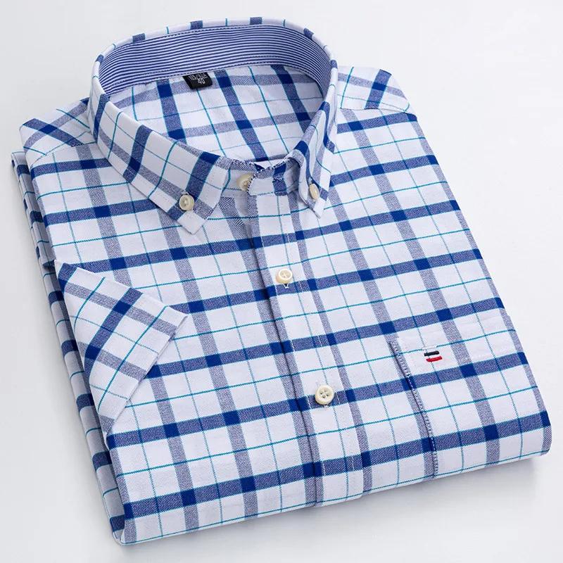 Camicia da Uomo in Cotone Oxford di Alta Qualità a Maniche Corte per l'Estate Comfort Traspirante Classica Tinta Unita a Quadri Business Tempo Libero