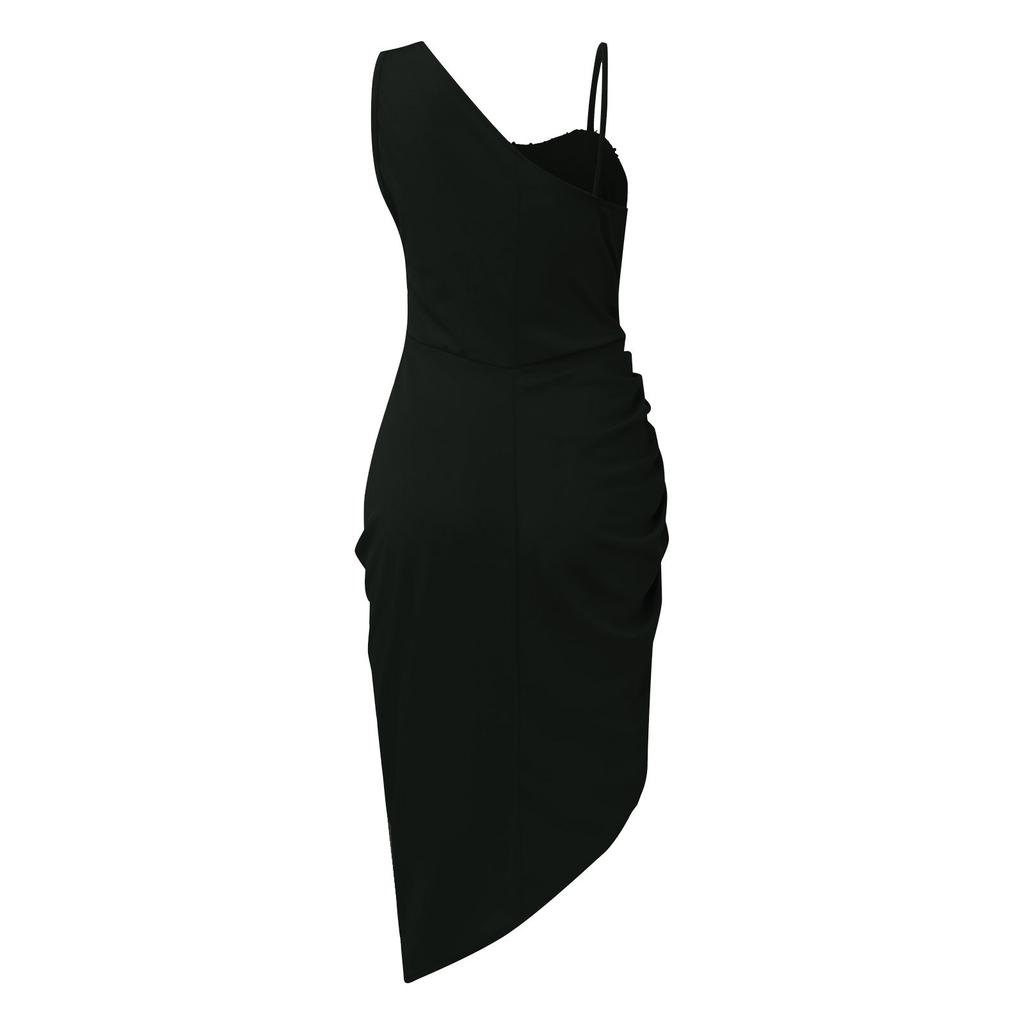 Damen-Abendkleid, einfarbig, sexy, mit Pailletten, Schlitz, Maxi, gesmokt, One-Shoulder-Abendkleid