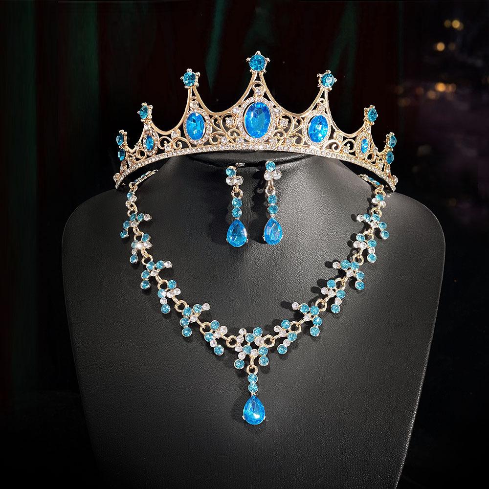 Retro Rhinestone Crown Headwear Three Piece Set Fashionable and Super Shiny Bride Headwear Set Birthday Crown Necklace for Women