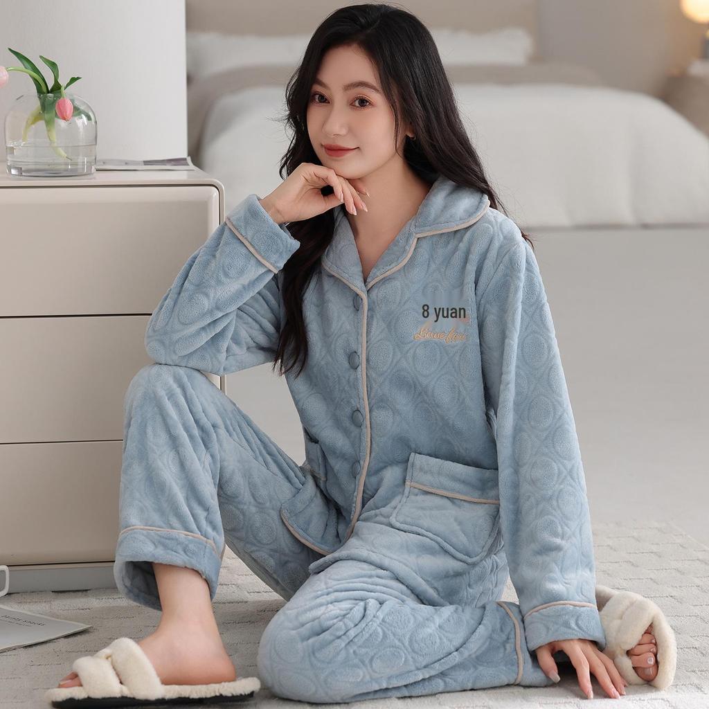 Women's Plus Size Thick Coral Fleece Pajamas - Warm Flannel Homewear for Autumn and Winter