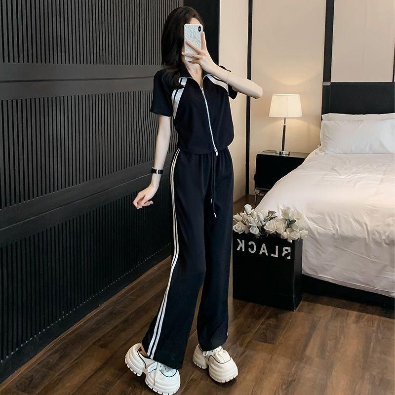 

Fashionable Casual Suit for Women, Summer Sports, Age-reducing Temperament, Short-sleeved Wide-leg Pants Two-piece Set 2XL чорний