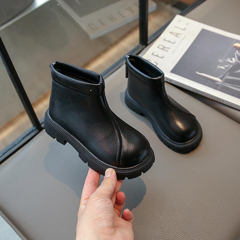 Leather Shoes for Children Girls Middle-aged and Older Children Rear Zipper Martin Short Boots Low Tube Single Shoes