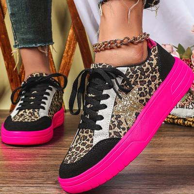 Sneakers Donna Multicolore Rosa Fluo/Glitter Oro Basse con Lacci Ammortizzazione in EVA Stampa Leopardo Stagione Unica Casual Vacanza Feste Lavoro