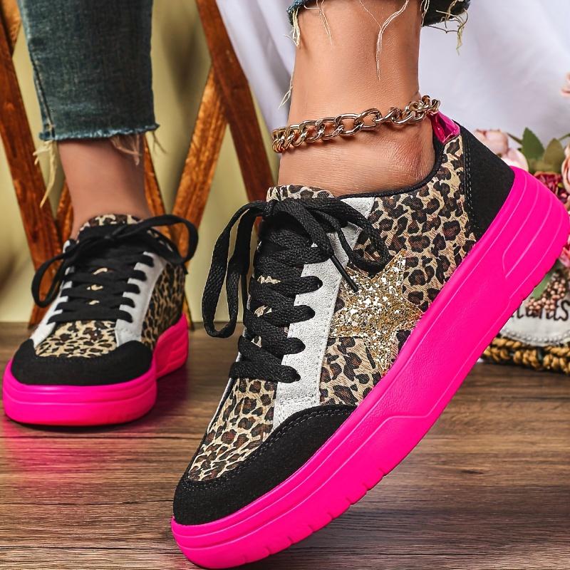 Women's Multi-Color Sneakers Neon Pink/Golden Glitter Low-Top Lace-Up EVA Cushion Leopard Print All-Season Casual Vacation Work Parties