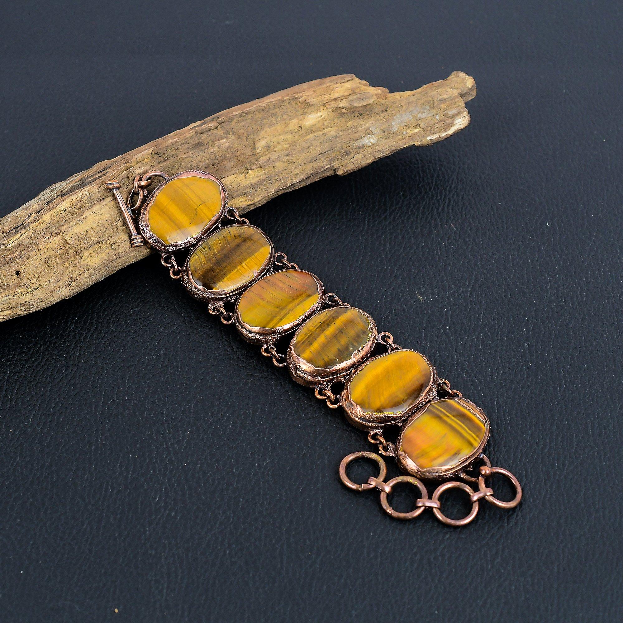 

Браслет из тигрового глаза с медным гальванопокрытием, регулируемый, украшения из драгоценных камней ручной работы, подарок для мамы, антикварные украшения