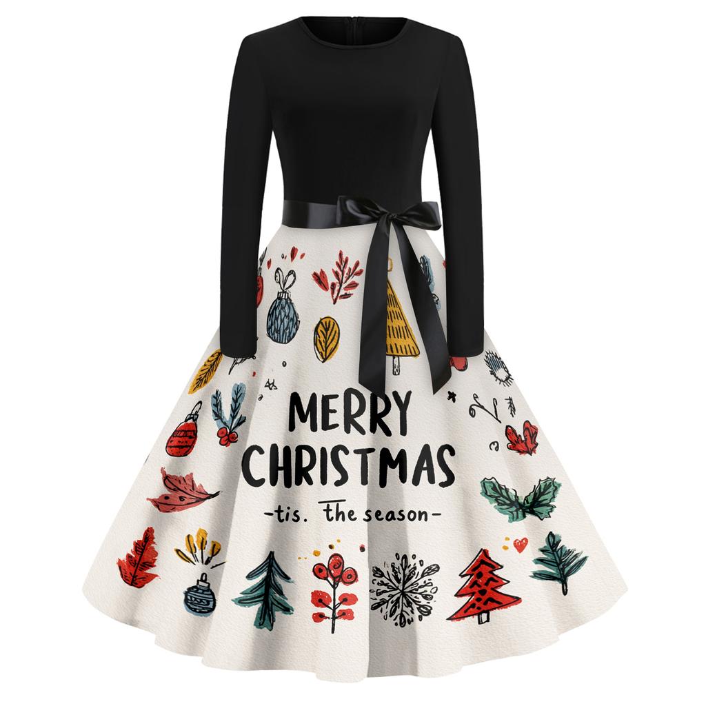 Women's Casual Fashion Round Neck Christmas Printed Vintage Dress