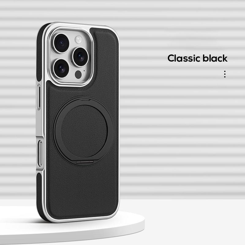 For Magsafe Magnetic 360 ° Rotating Metal Car Bracket Ring Solid Color Leather Phone Case For iPhone 16 Pro Max 14 13 15 Pro Max
