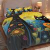 Whimsical Black Cat Art Duvet Cover Set, Colorful Floral & Sun Print Bedding, 2D Flat Printed
