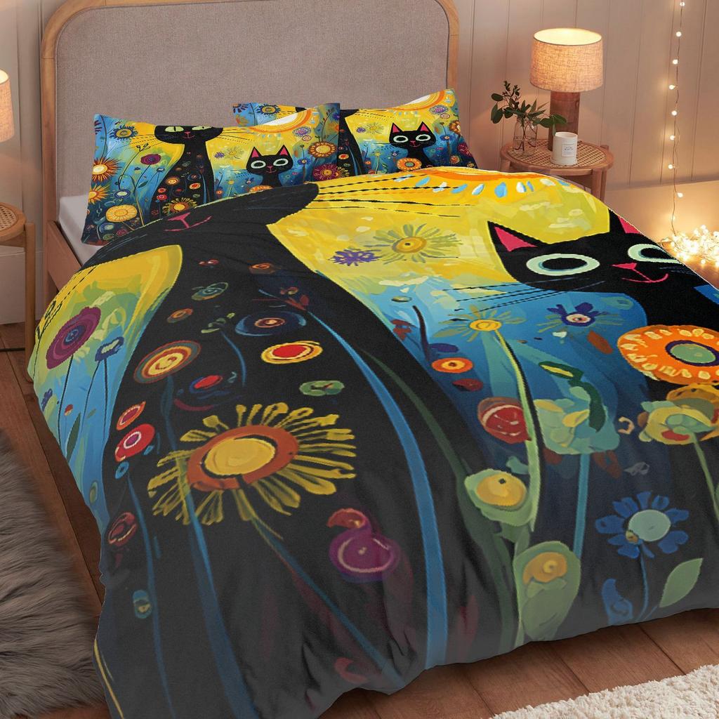 Whimsical Black Cat Art Duvet Cover Set, Colorful Floral & Sun Print Bedding, 2D Flat Printed