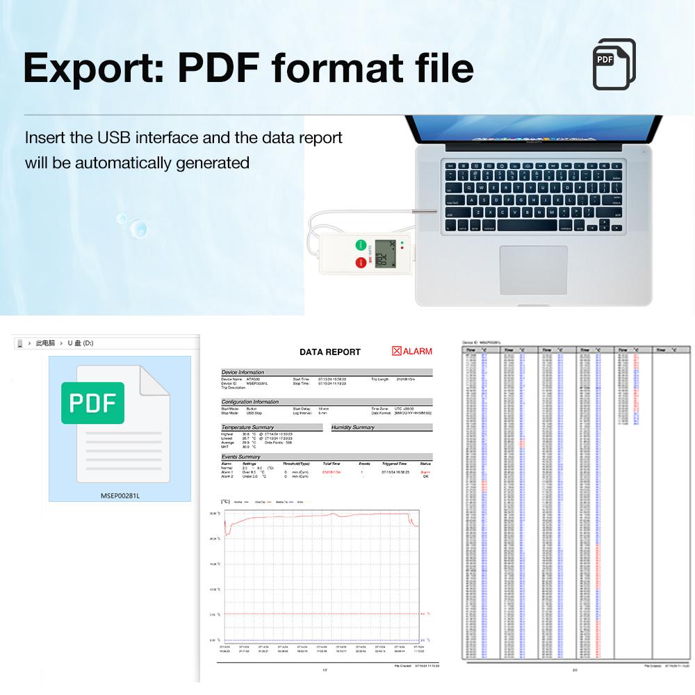 LCD Display USB Temp Data Logger 65000 Sets Datalogger PDF Report -30~70℃ Temperature Recorder for Food Medicine Cold Chain
