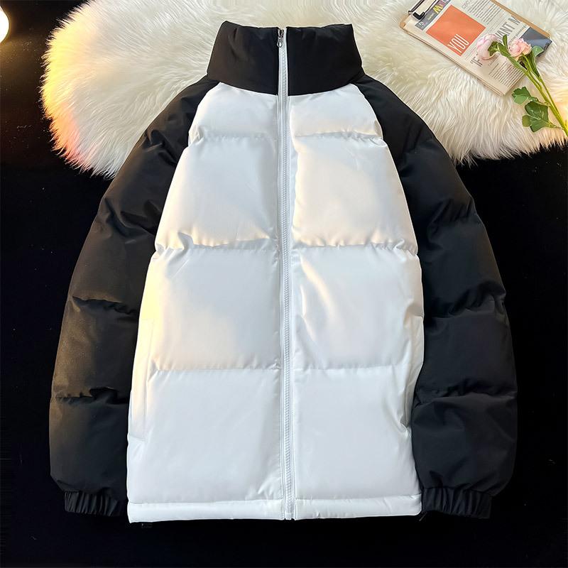 Men's White & Purple Color Block Puffer Jacket Stand Collar Warm Winter Coat