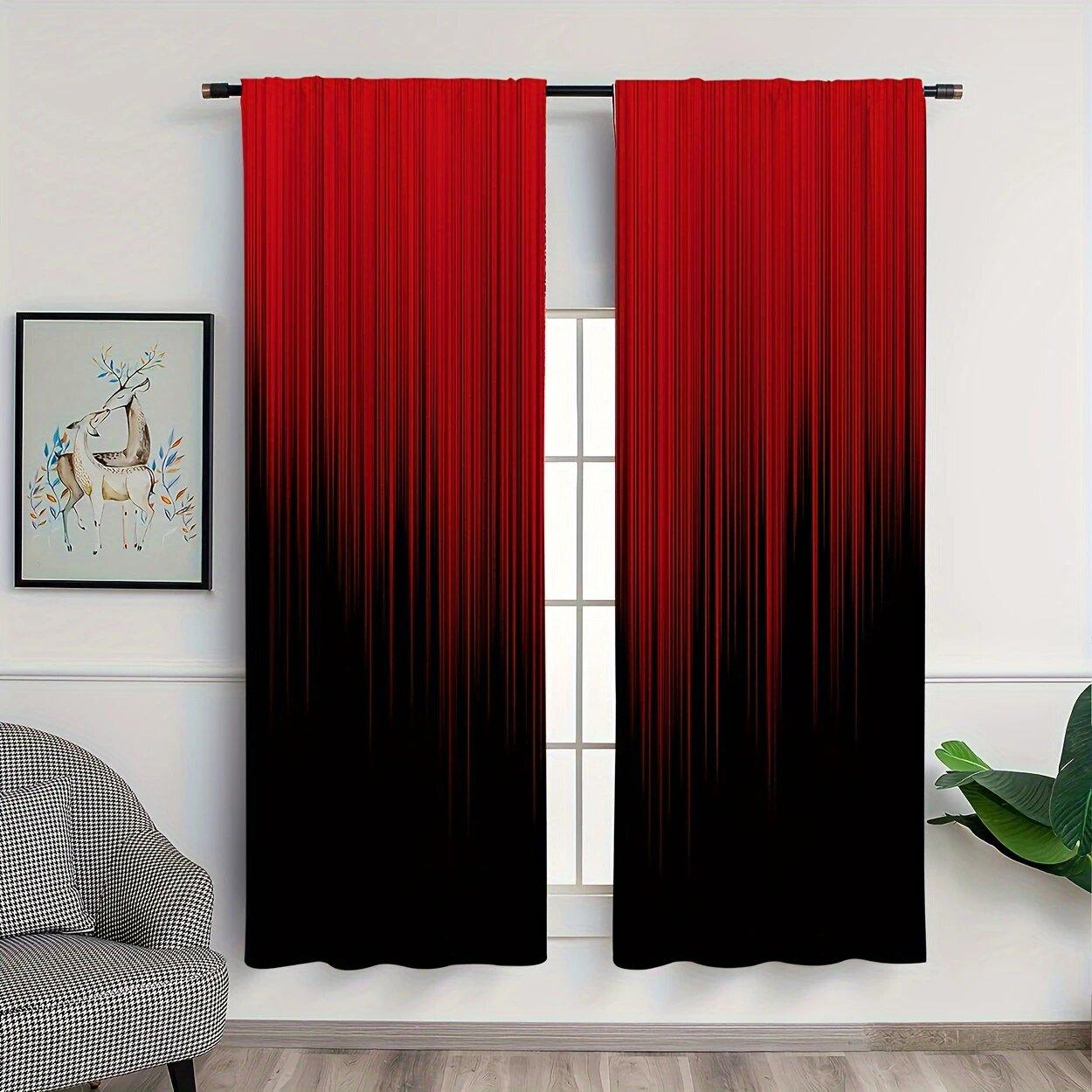 

2 pieces of red and black gradient striped printed curtains, pole bag curtains, home decoration, room decoration 14Wx39L(35x100CM)x2