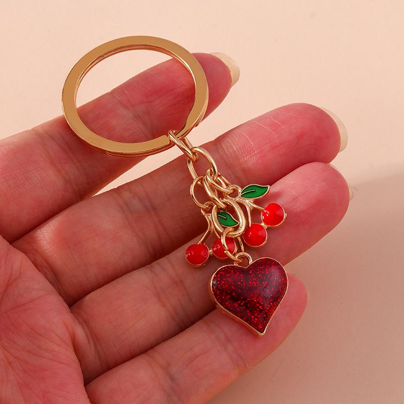 Pretty Enamel Love Heart Keychain Cherry Keyring for Women Men Car Key Holder Handbag Pendants Accessories DIY Jewelry Gift