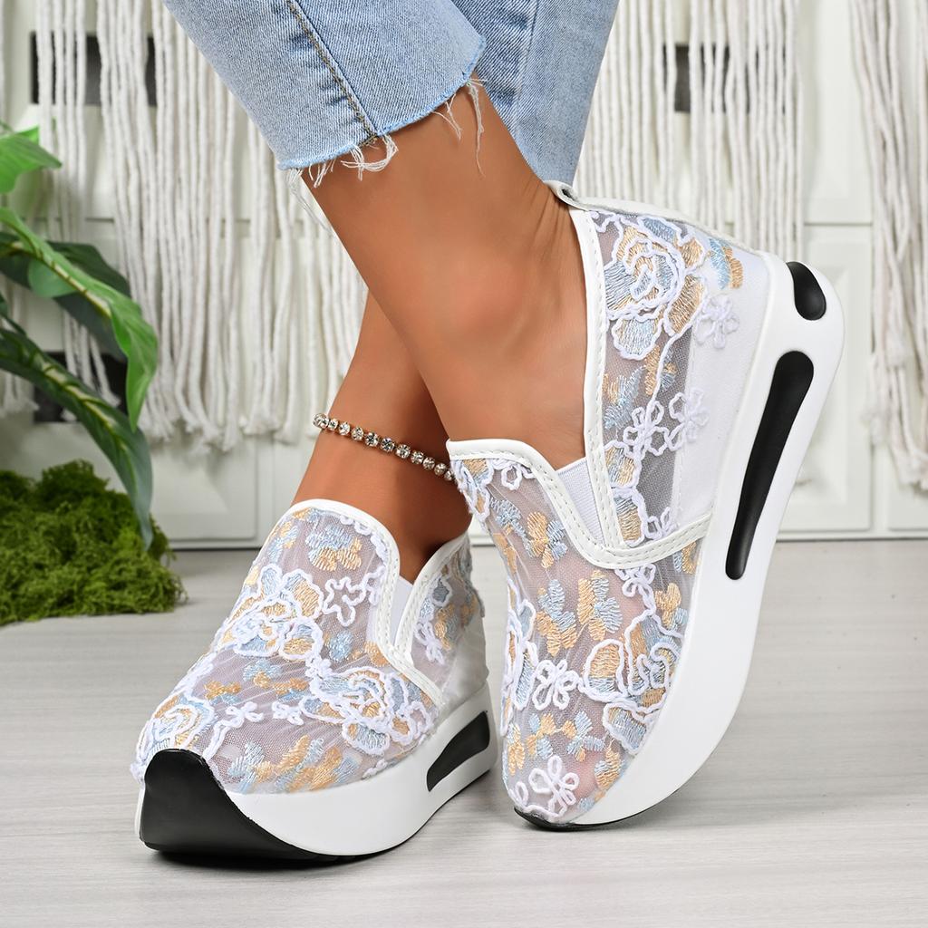 Fashion Women's Low-cut Shoes 2025 Spring and Summer Fashion Floral Pattern Mesh Breathable Comfortable Platform Sneakers Tenis De Mujer