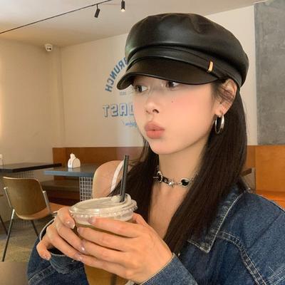 Japanese PU Leather Octagonal Hat Female British Retro Leather Beret Versatile Flat Top Newsboy Hat