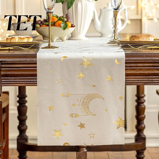 Elegant Velvet Table Runner Eid Mubarak Runner, Ramadan Gold Moon Stars Tablecloth, Islamic Happy Luxury Dining Linen Holiday Rectangular Cloth