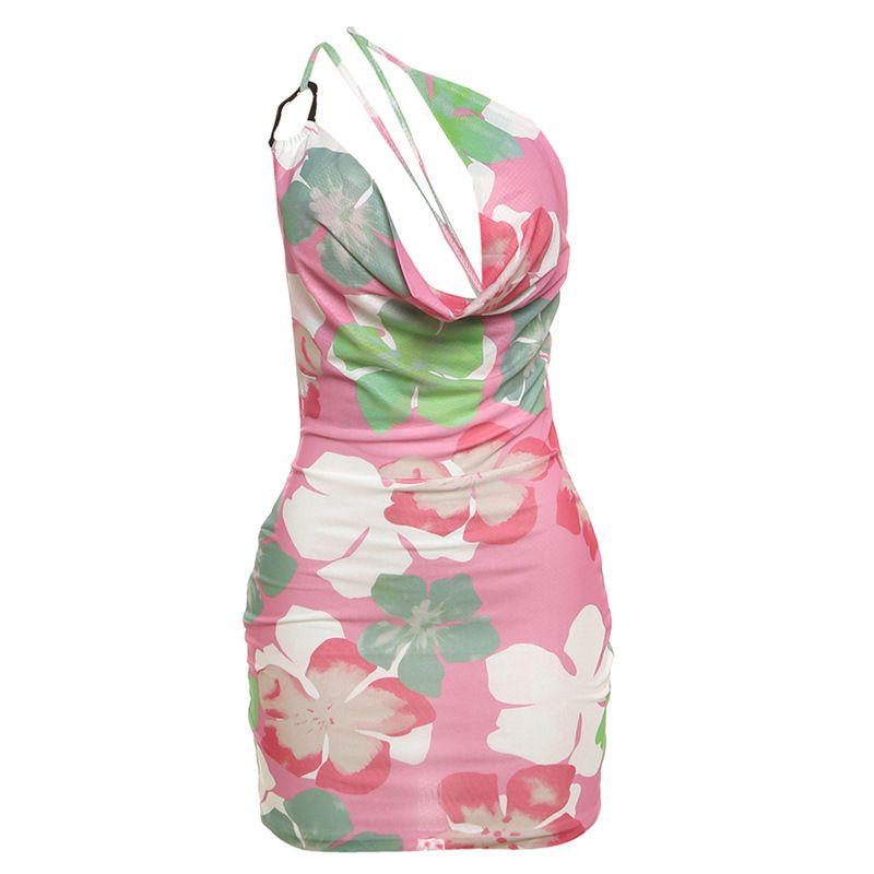 

Fashion 2025 Summer New Arrival Women s Clothing Sexy Oblique Shoulder Mesh Open Back Lace up Slim Fit Sheath Print Dress Pink L