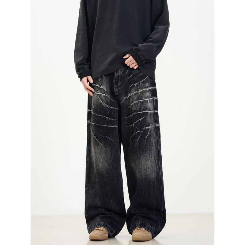 Kisko High Street American Style Washed Vintage Lightning Pattern Cleanfit Jeans Unisex Trendy Loose Straight Pants