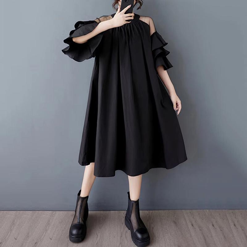 Xitao Rochie largă de damă cu patchwork din plasă și gât rotund ZMY1047