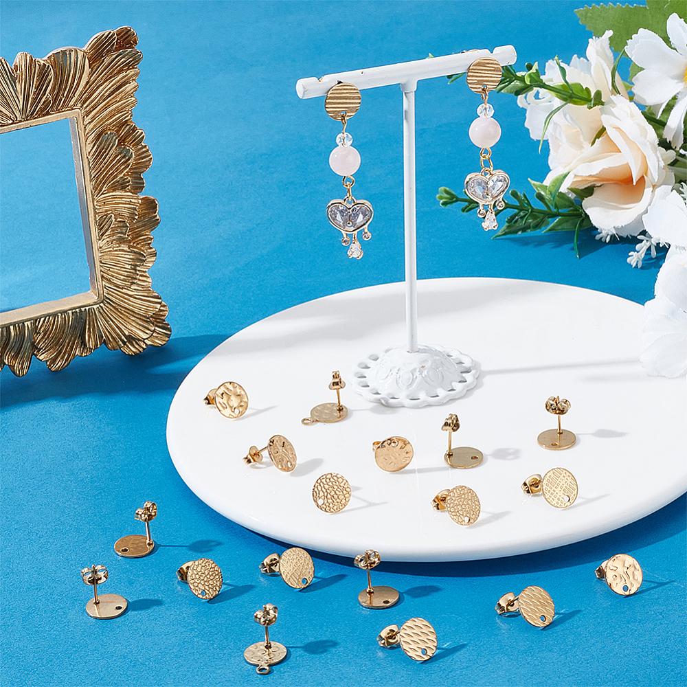 24Pcs 6 Style Flat Round with Textured 304 Stainless Steel Stud Earring Findings, with Ear Nuts/Earring Backs & Loop, Golden, 4pcs/style