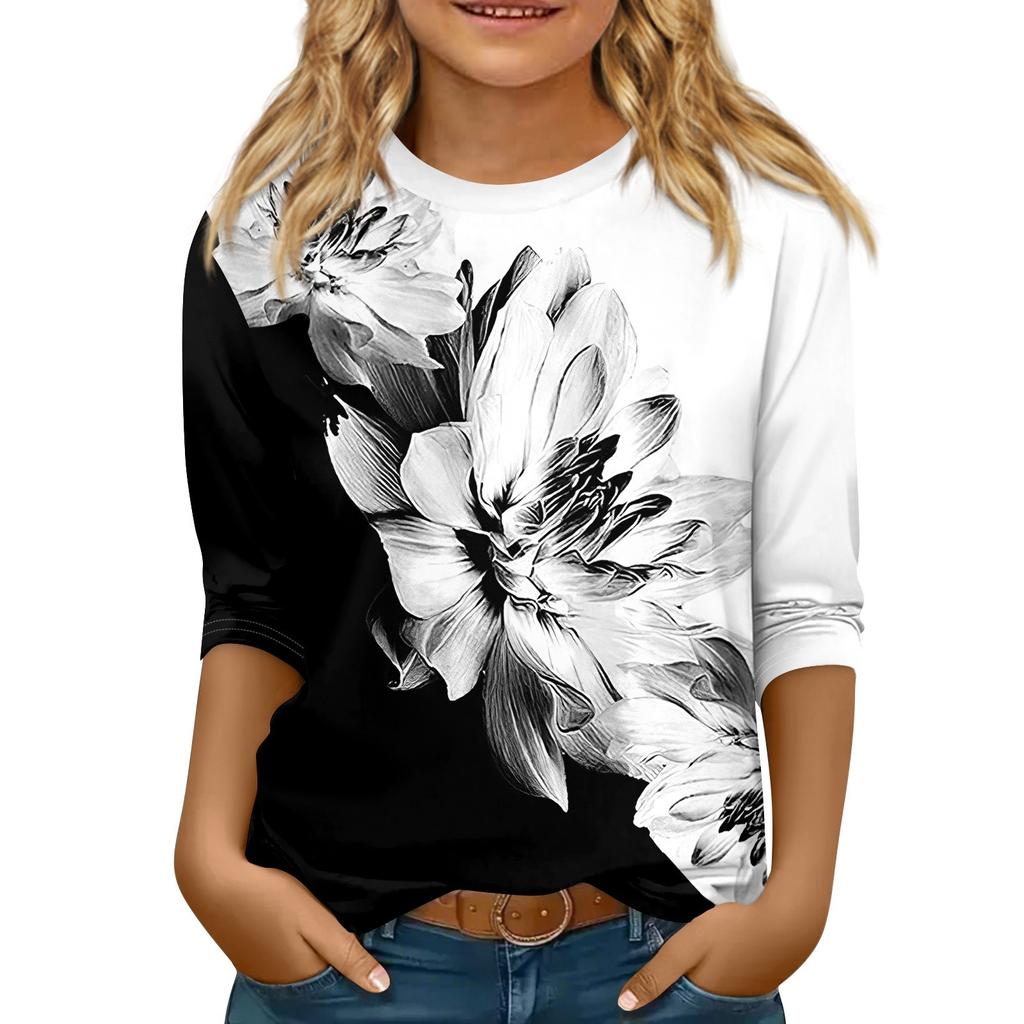 Children's 3/4 Sleeve Tops Casual  Print T Shirt Round Neck Pullover Blouse
