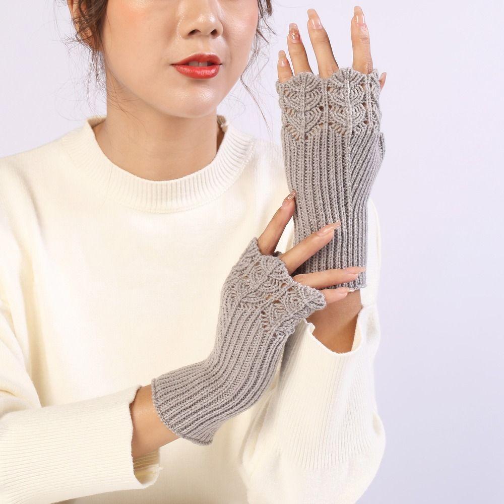 Vintage Winter Wool Gloves Half Finger Crochet Flower Mittens All-Match Fingerless Gloves Winter