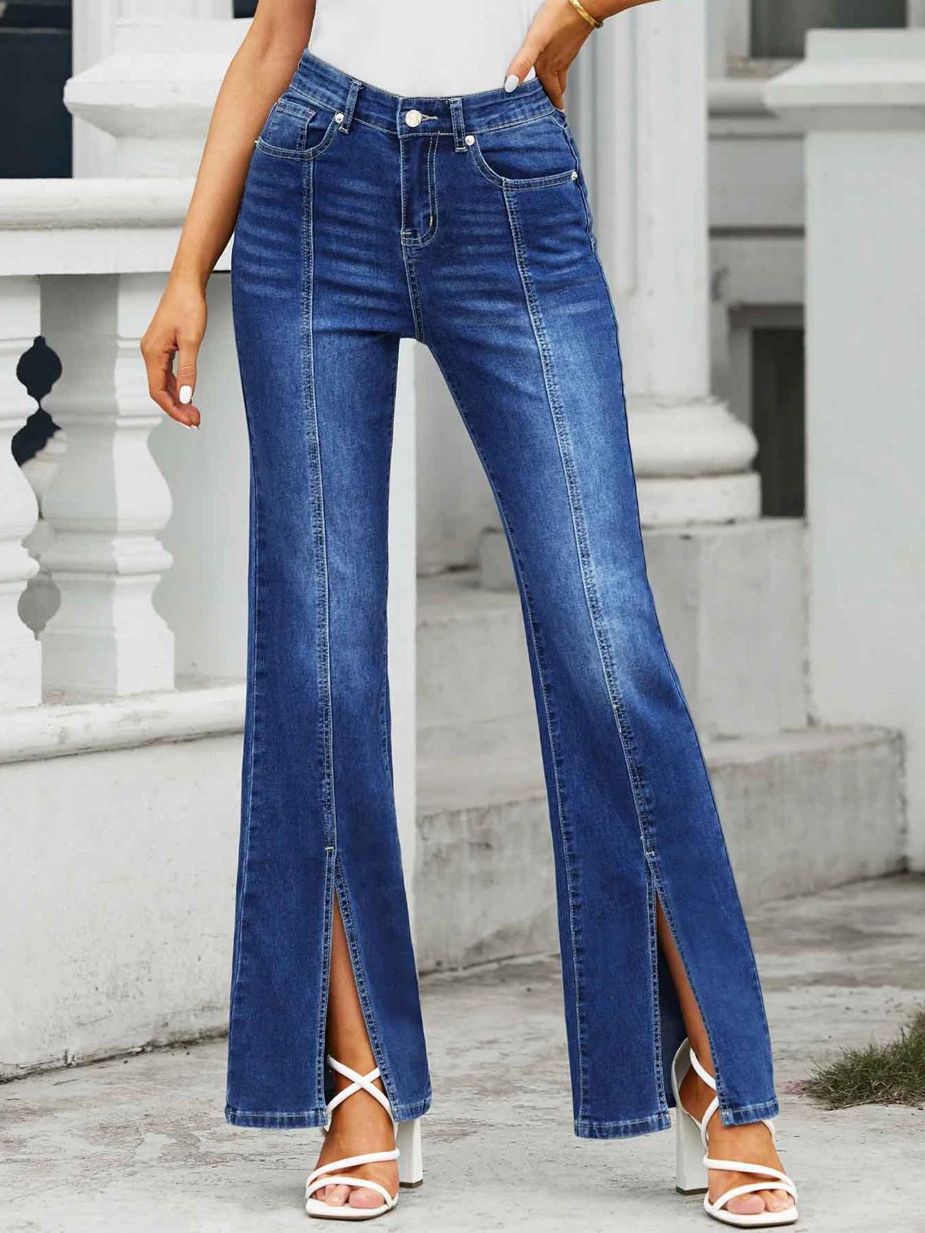 Women s Fashionable Slim-Fit Front Slit Denim Pants L